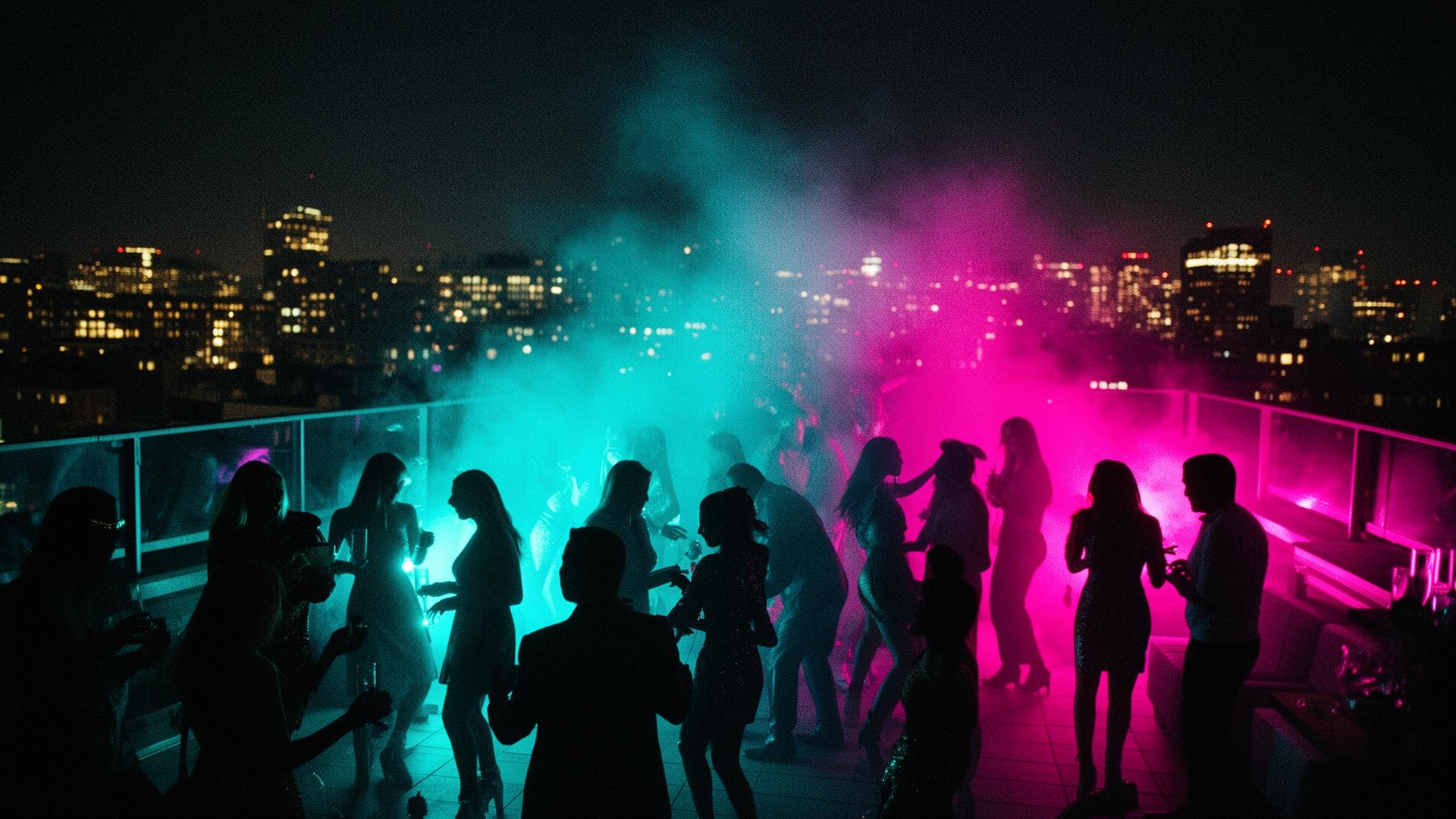A neon-lit rooftop after-party